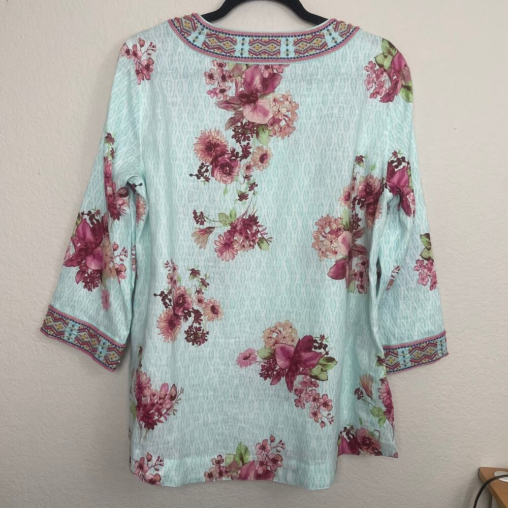 John Mark Women's Blue Floral Beaded V-Neck Linen Cotton Tunic Size Large - Picture 8 of 8
